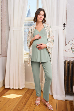 Image of Askılı Dantelli Yaka Lohusa Pijama ve Desenli Sabahlık Takımı - 24164