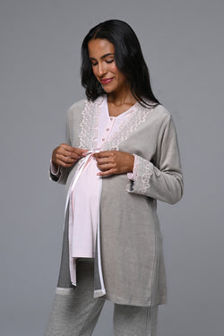 Image of Dantelli Yaka Lohusa Pijama ve Dantel Detaylı Sabahlık Takımı - 24336