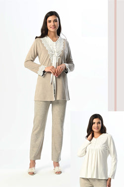 Image of Dantelli Yaka Lohusa Pijama ve Dantel Detaylı Sabahlık Takımı - 24336