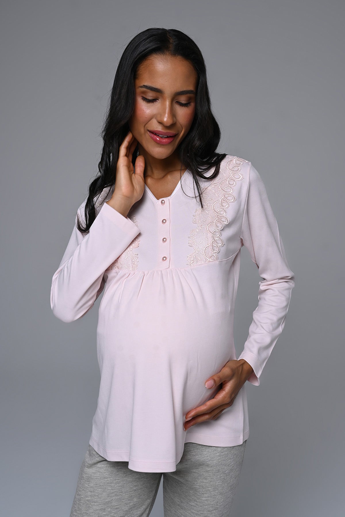 Dantelli Yaka Lohusa Pijama ve Dantel Detaylı Sabahlık Takımı - 24336