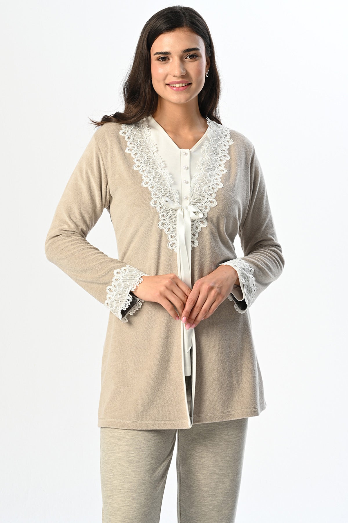 Dantelli Yaka Lohusa Pijama ve Dantel Detaylı Sabahlık Takımı - 24336