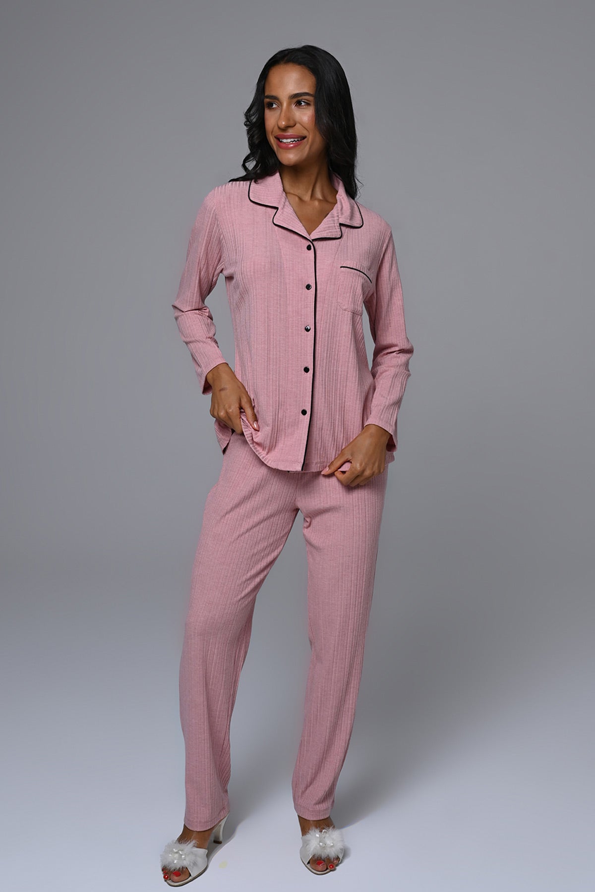 Gömlek Yaka Lohusa Pijama ve Çiçekli Sabahlık Takımı - 24338
