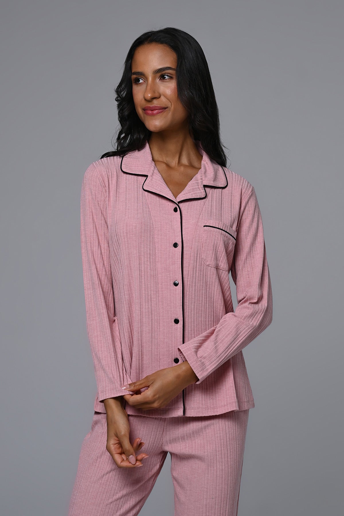 Gömlek Yaka Lohusa Pijama ve Çiçekli Sabahlık Takımı - 24338