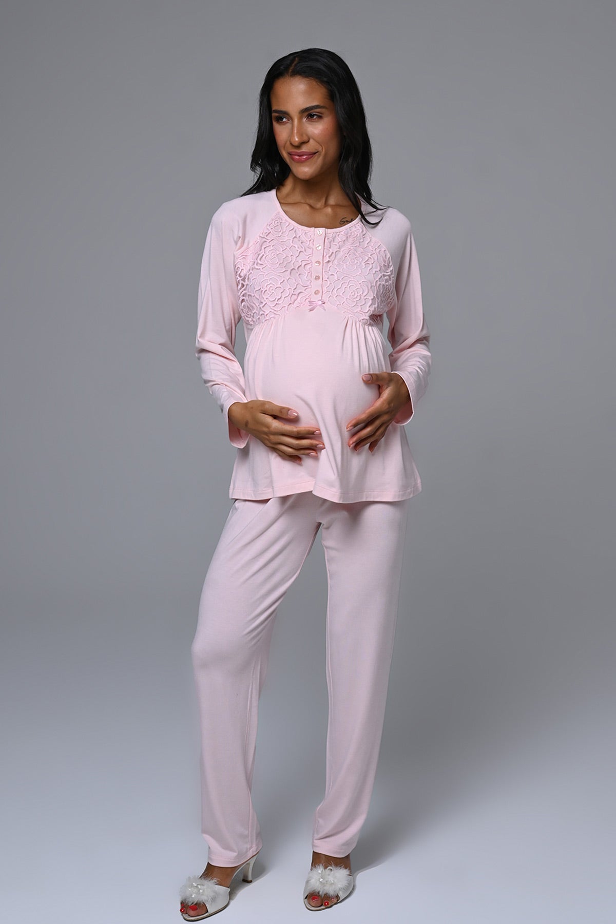 Güpürlü Yaka Lohusa Pijama ve Kapitone Sabahlık Takımı - 24342