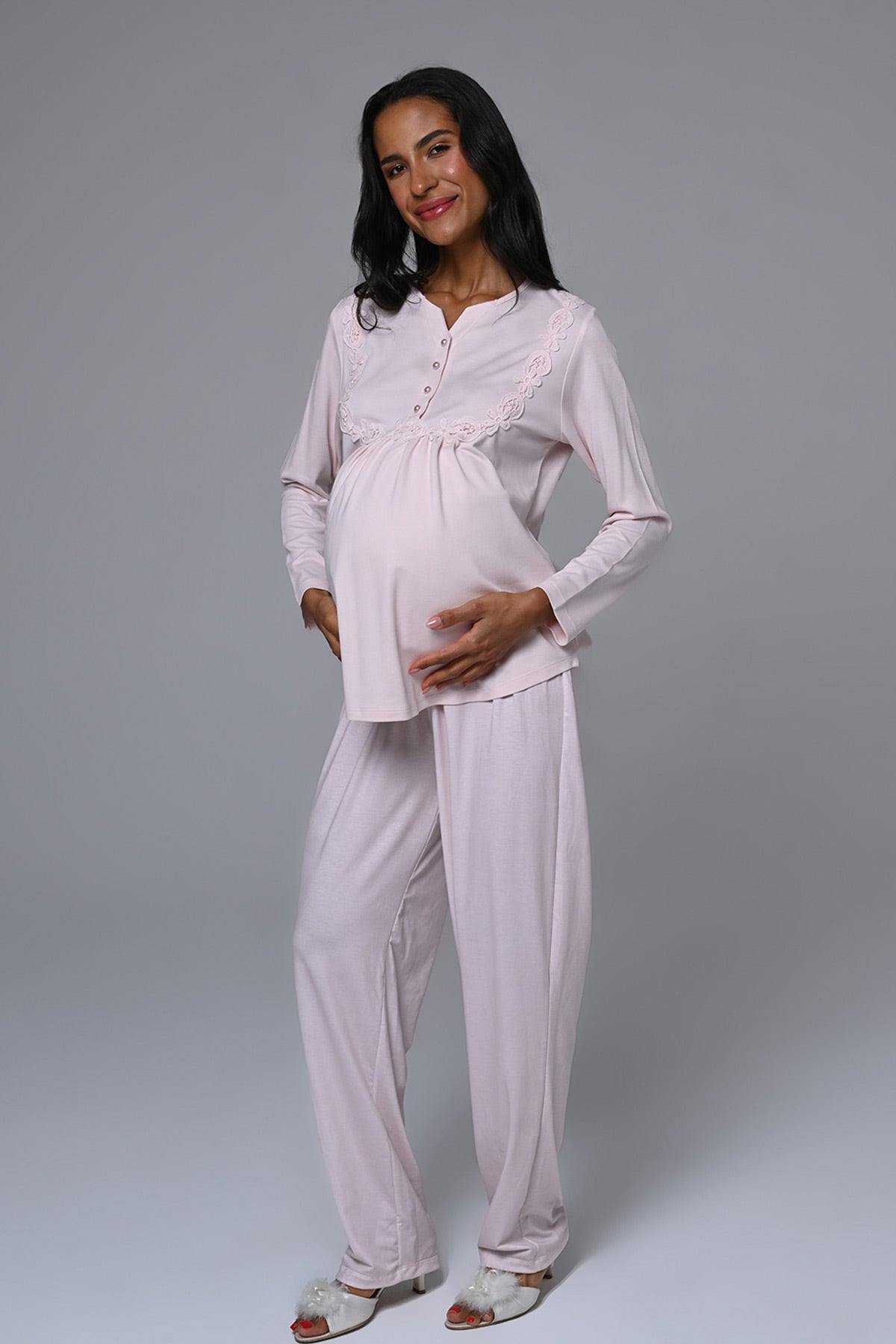 Güpürlü Yaka Lohusa Pijama ve Welsoft Sabahlık Takımı - 24346