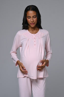 Image of Güpürlü Yaka Lohusa Pijama ve Kürk Yaka Sabahlık Takımı - 24347