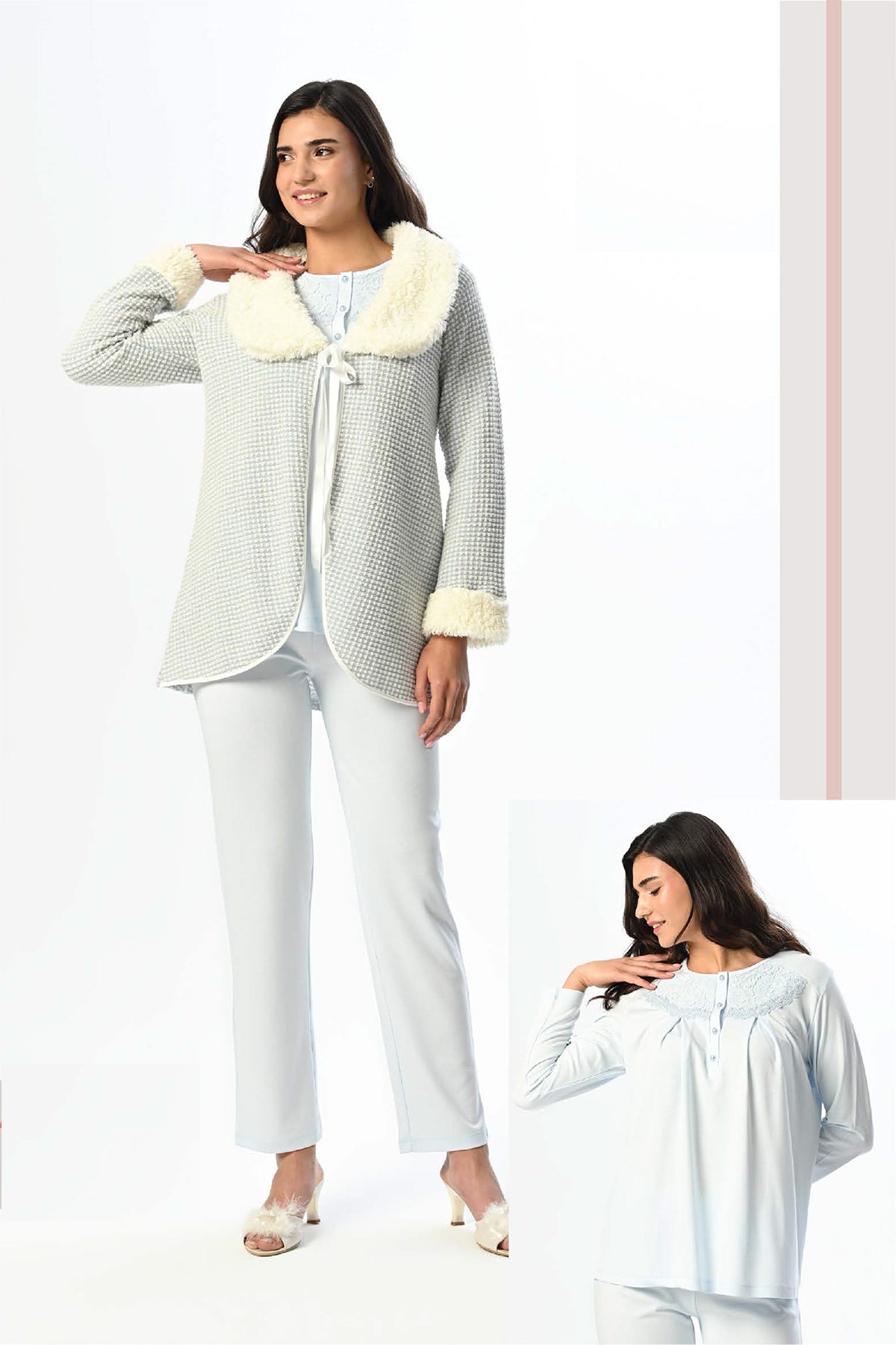 Güpürlü Yaka Lohusa Pijama ve Kürk Yaka Sabahlık Takımı - 24347