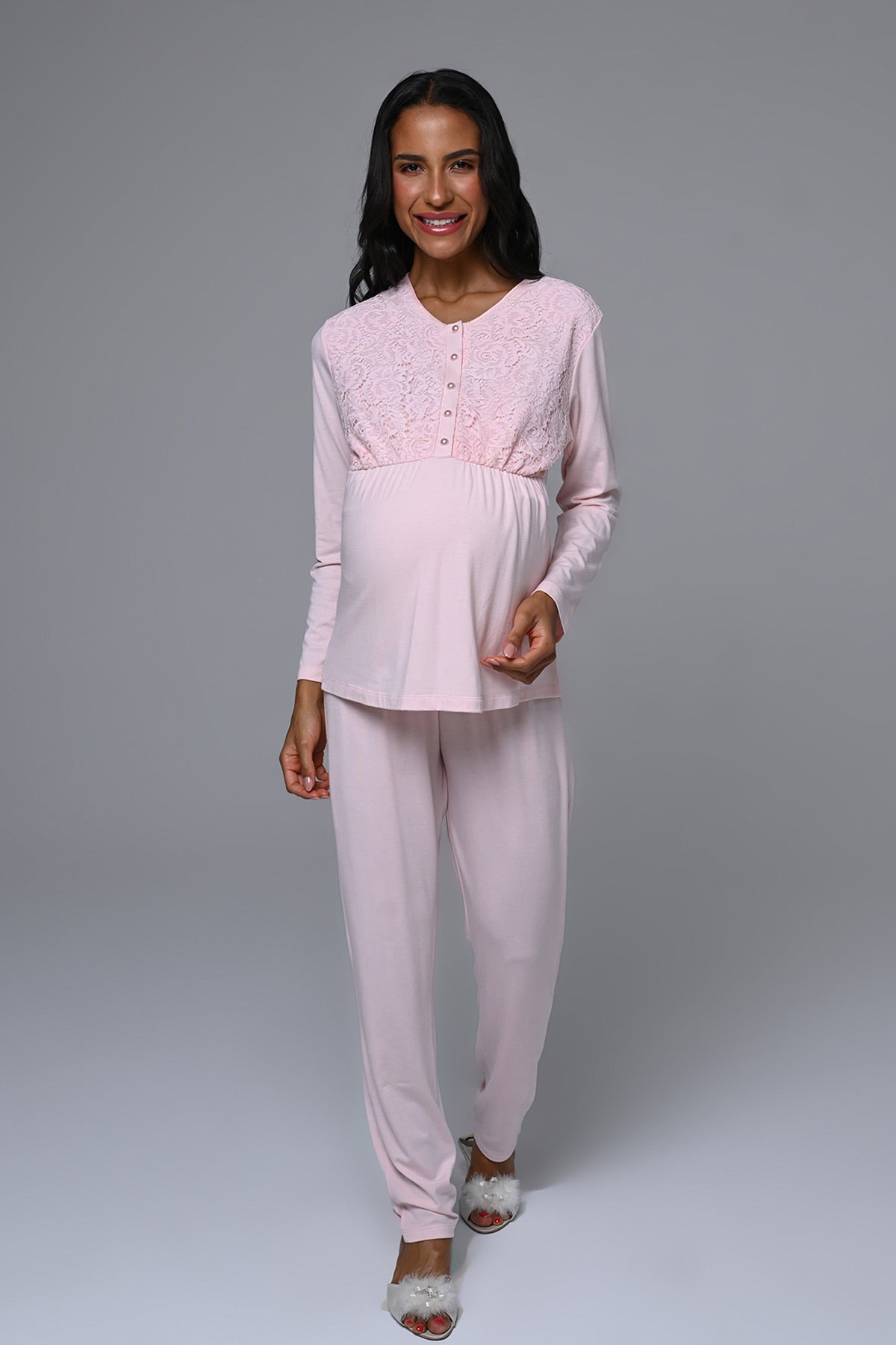Dantelli Yaka Lohusa Pijama ve Triko Sabahlık Takımı - 24348