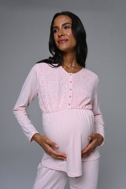 Image of Dantelli Yaka Lohusa Pijama ve Triko Sabahlık Takımı - 24348