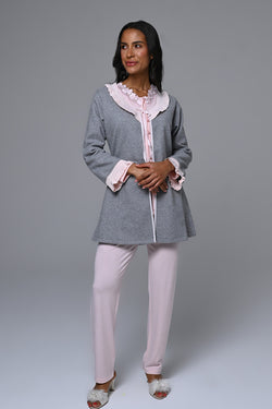 Image of Çiçek Dantel Yaka Lohusa Pijama ve Sabahlık Takımı - 24355