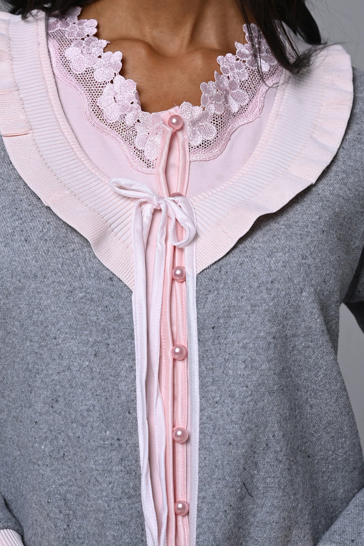 Çiçek Dantel Yaka Lohusa Pijama ve Sabahlık Takımı - 24355