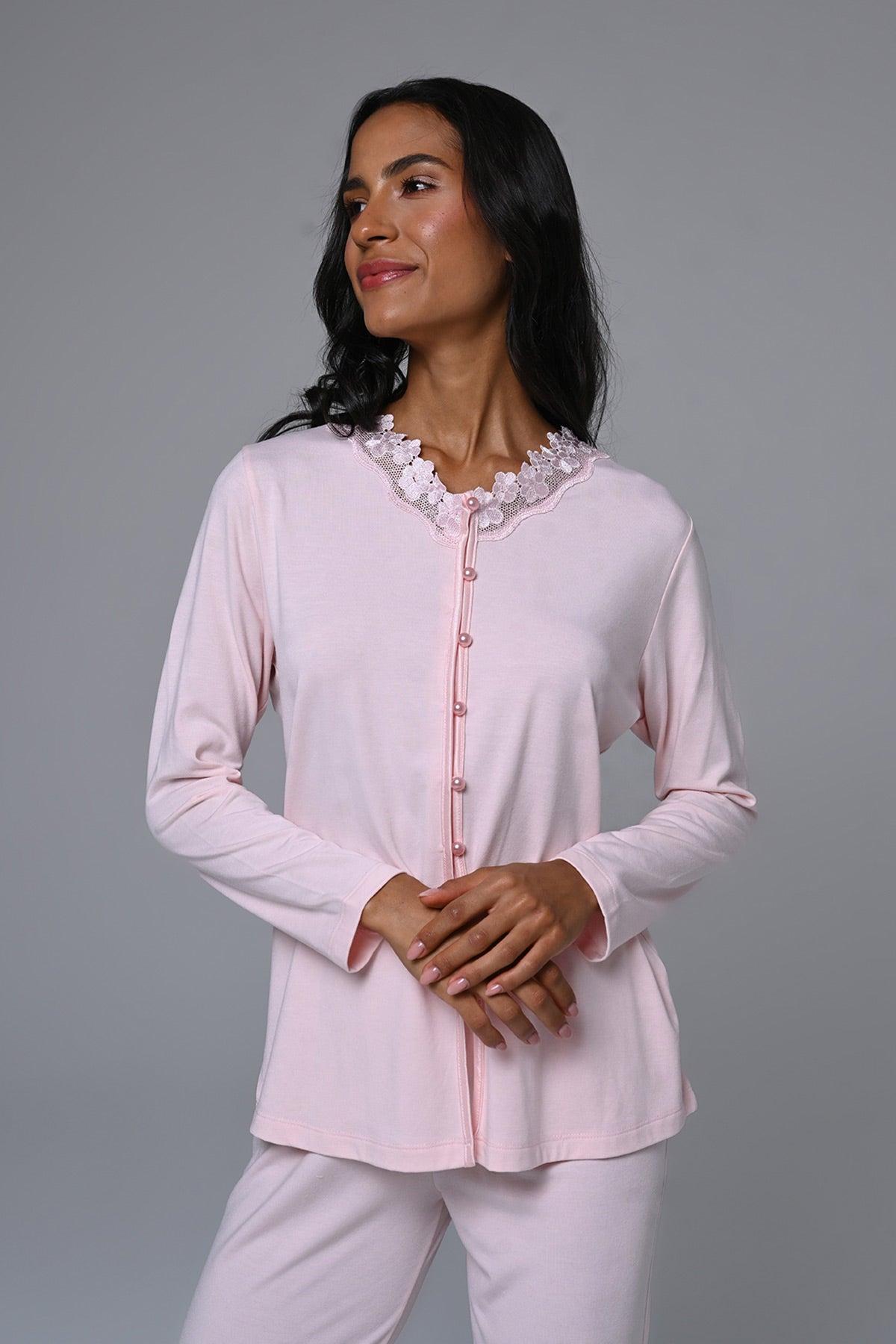 Çiçek Dantel Yaka Lohusa Pijama ve Sabahlık Takımı - 24355