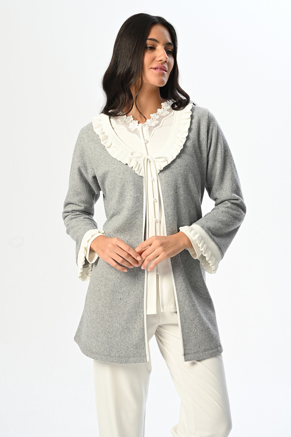 Çiçek Dantel Yaka Lohusa Pijama ve Sabahlık Takımı - 24355