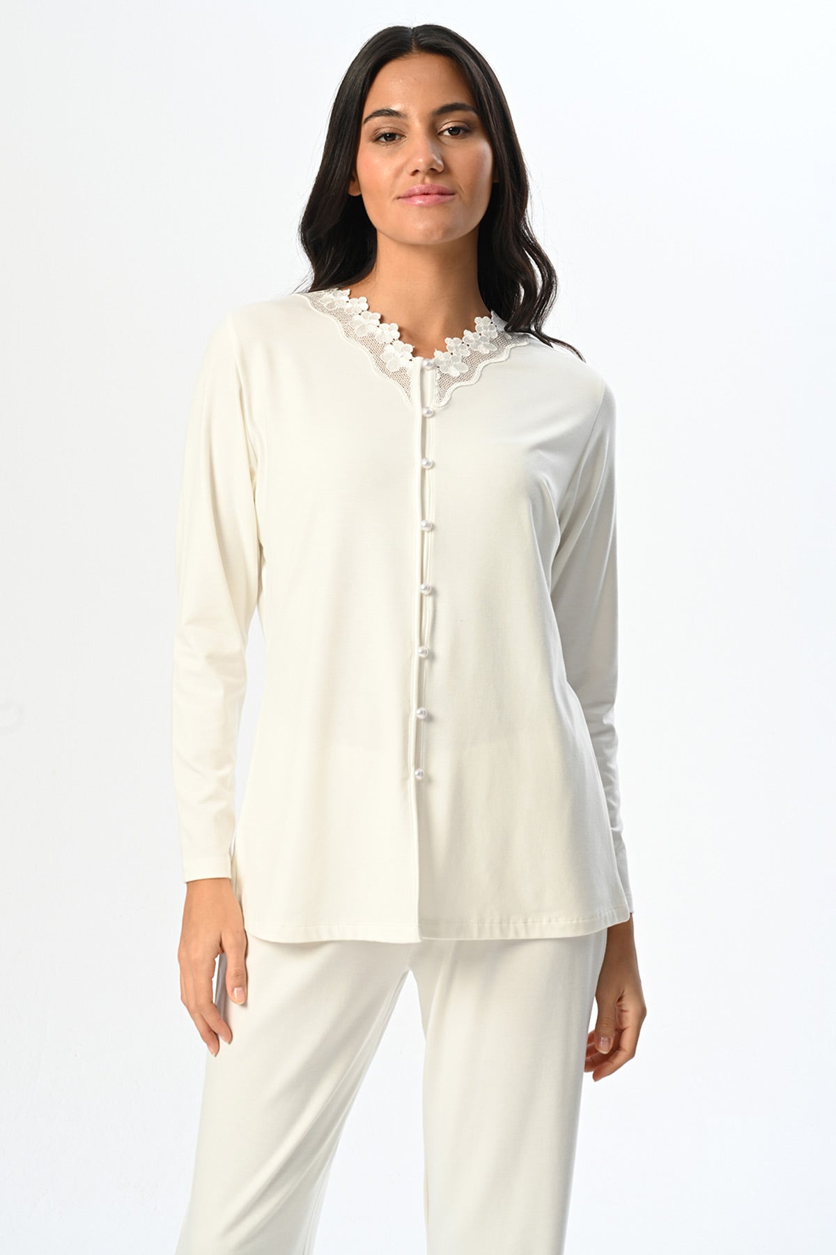 Çiçek Dantel Yaka Lohusa Pijama ve Sabahlık Takımı - 24355