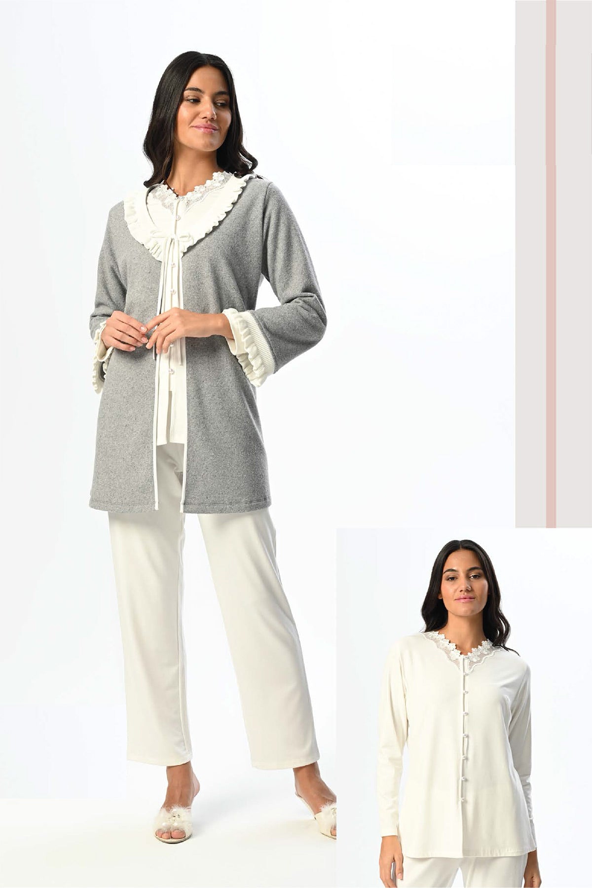 Çiçek Dantel Yaka Lohusa Pijama ve Sabahlık Takımı - 24355
