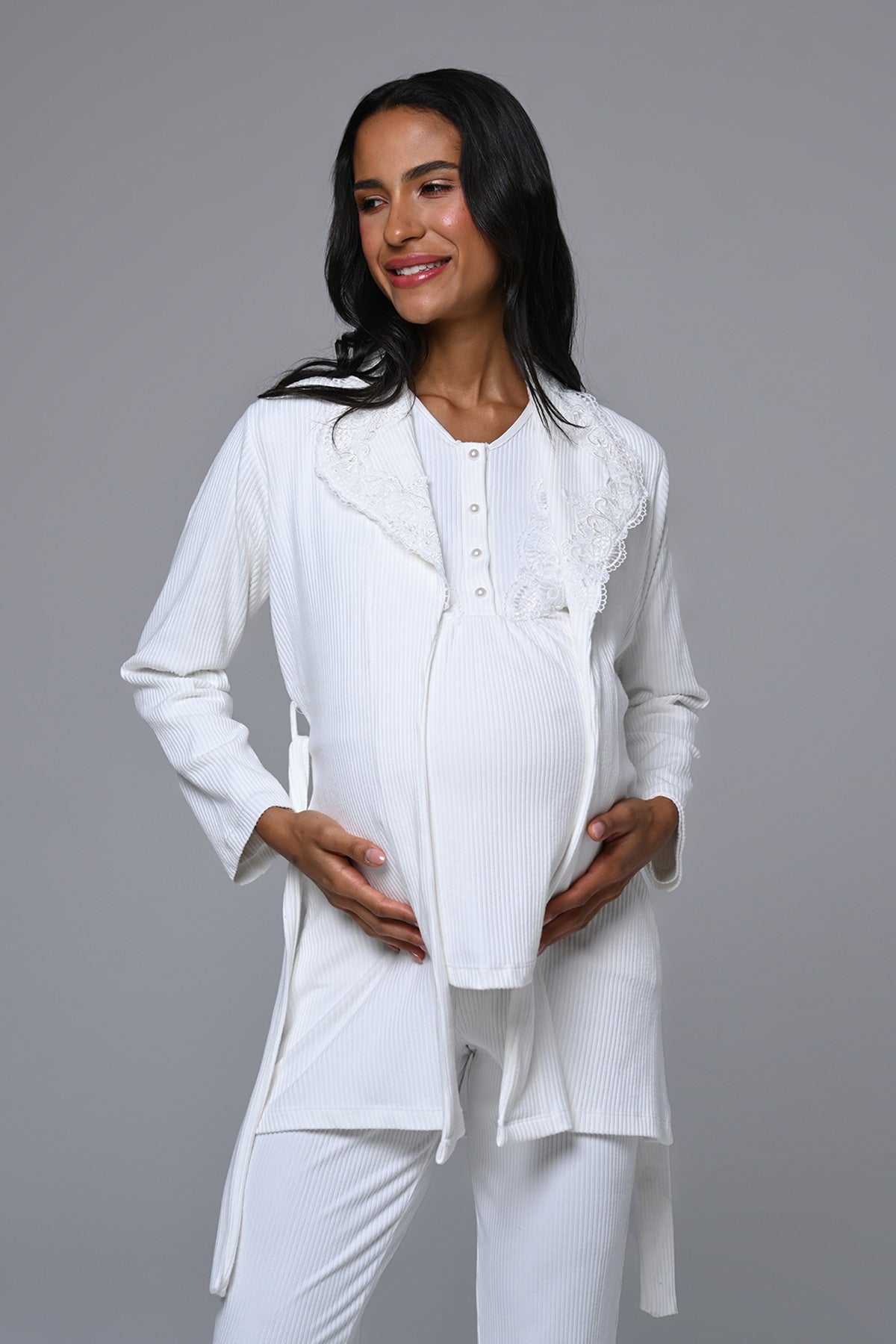 Dantelli Yaka Lohusa Pijama ve Sabahlık Takımı - 24356