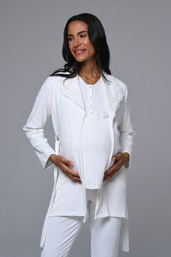 Image of Dantelli Yaka Lohusa Pijama ve Sabahlık Takımı - 24356