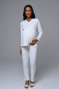 Image of Dantelli Yaka Lohusa Pijama ve Sabahlık Takımı - 24356