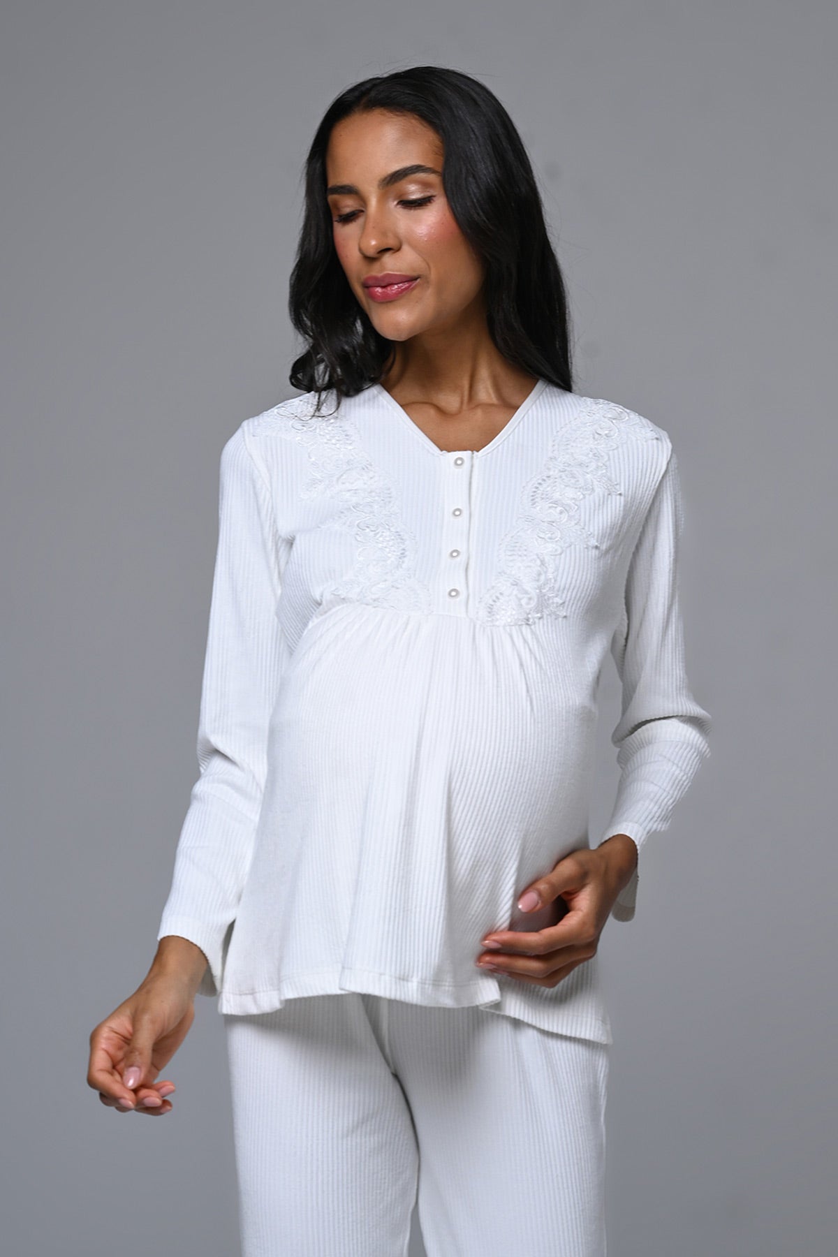 Dantelli Yaka Lohusa Pijama ve Sabahlık Takımı - 24356