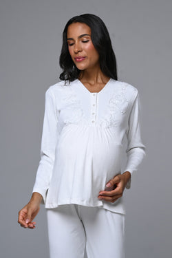 Image of Dantelli Yaka Lohusa Pijama ve Sabahlık Takımı - 24356