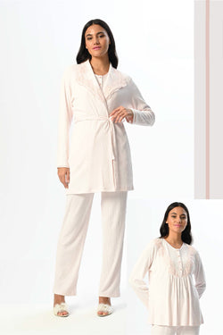 Image of Dantelli Yaka Lohusa Pijama ve Sabahlık Takımı - 24356