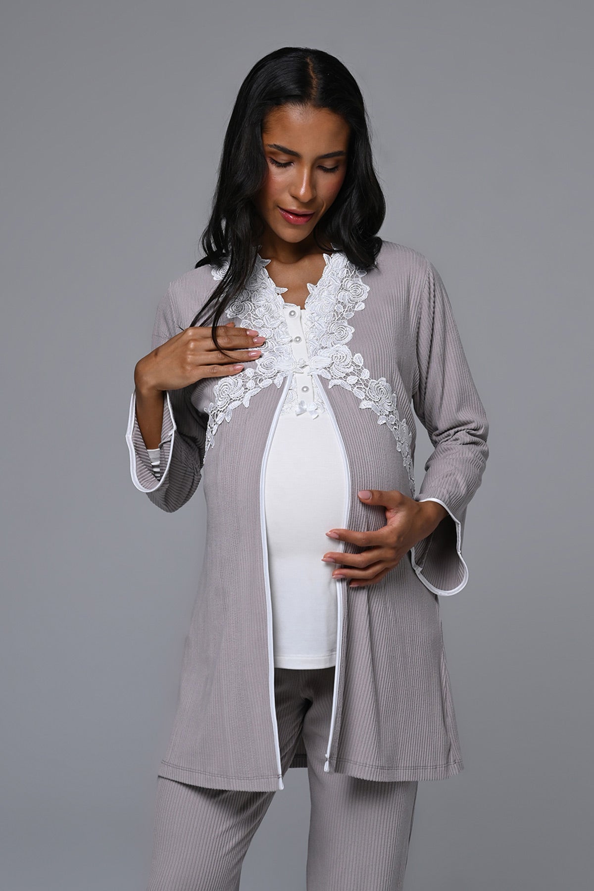 Çiçek Dantelli Yaka Lohusa Pijama ve Sabahlık Takımı - 24357