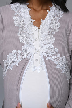 Image of Çiçek Dantelli Yaka Lohusa Pijama ve Sabahlık Takımı - 24357