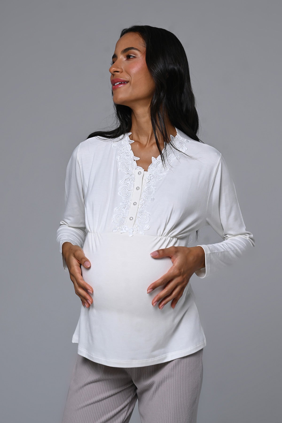 Çiçek Dantelli Yaka Lohusa Pijama ve Sabahlık Takımı - 24357