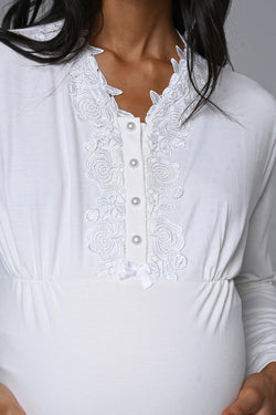 Image of Çiçek Dantelli Yaka Lohusa Pijama ve Sabahlık Takımı - 24357