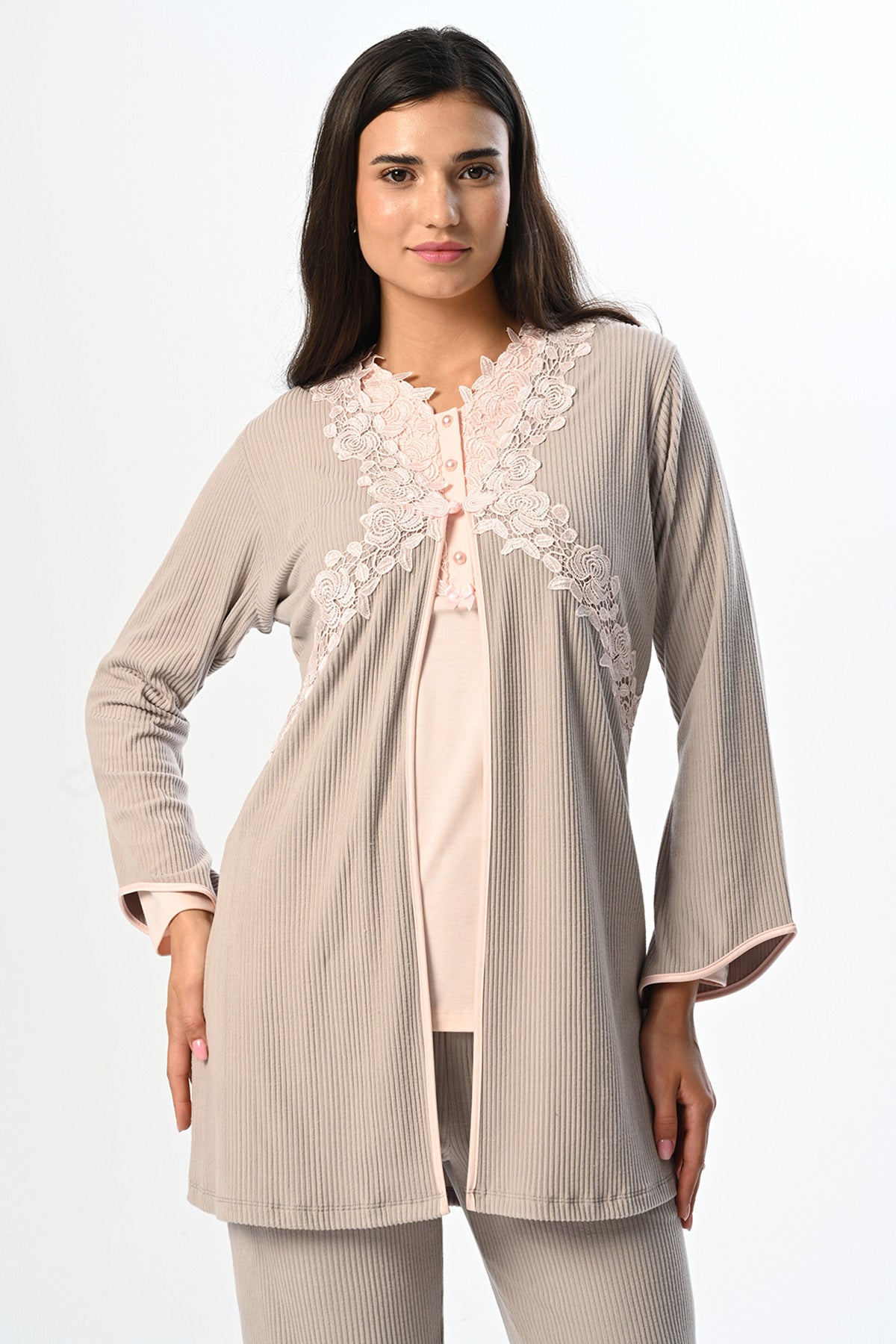 Çiçek Dantelli Yaka Lohusa Pijama ve Sabahlık Takımı - 24357