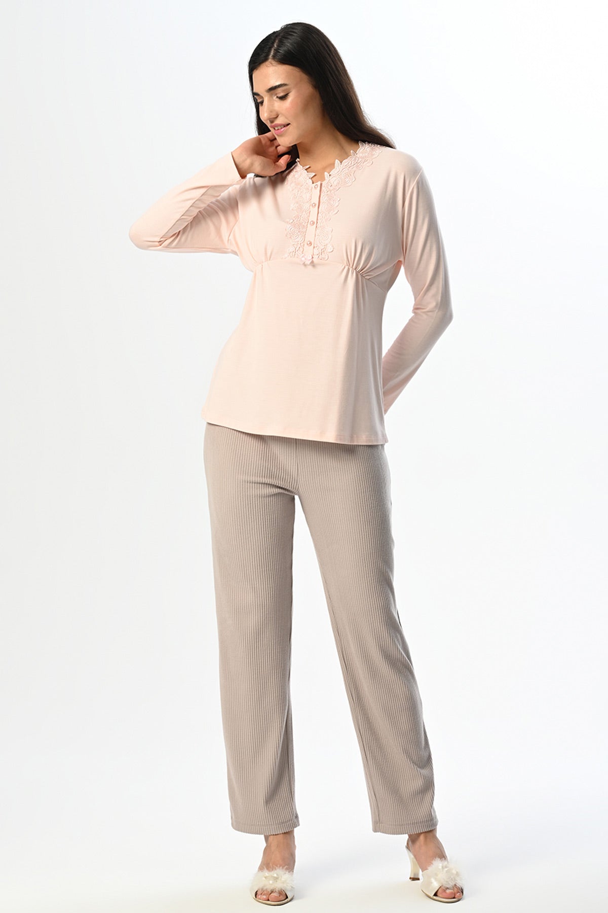 Çiçek Dantelli Yaka Lohusa Pijama ve Sabahlık Takımı - 24357