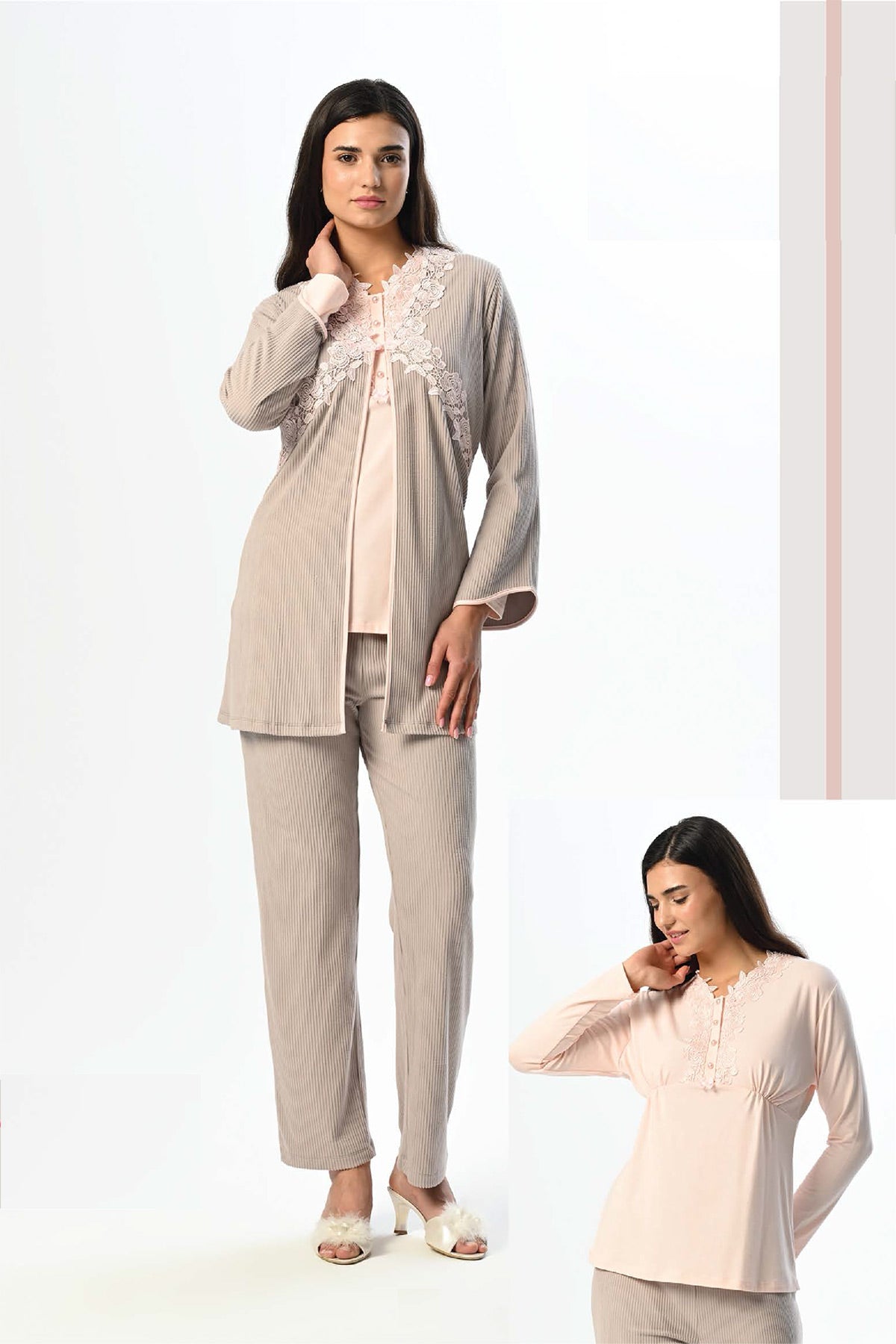 Çiçek Dantelli Yaka Lohusa Pijama ve Sabahlık Takımı - 24357