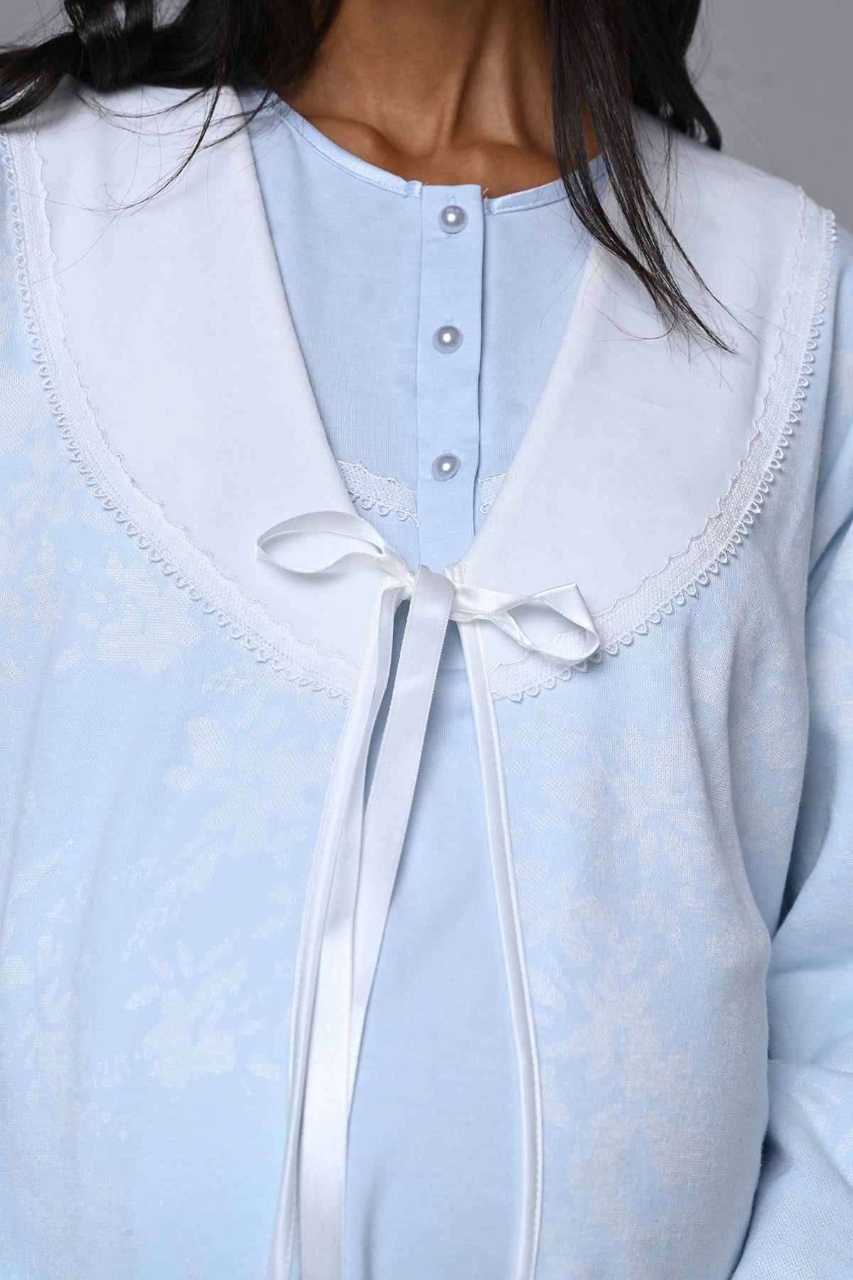 Güpürlü Yaka Lohusa Pijama ve Jakar Sabahlık Takımı - 24358