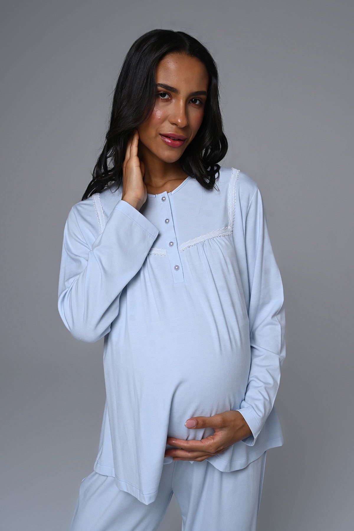 Güpürlü Yaka Lohusa Pijama ve Jakar Sabahlık Takımı - 24358