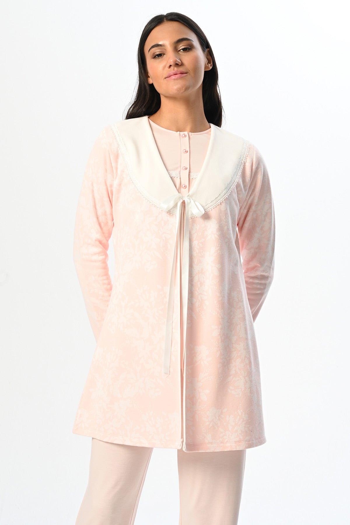 Güpürlü Yaka Lohusa Pijama ve Jakar Sabahlık Takımı - 24358