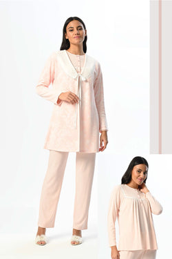 Image of Güpürlü Yaka Lohusa Pijama ve Jakar Sabahlık Takımı - 24358