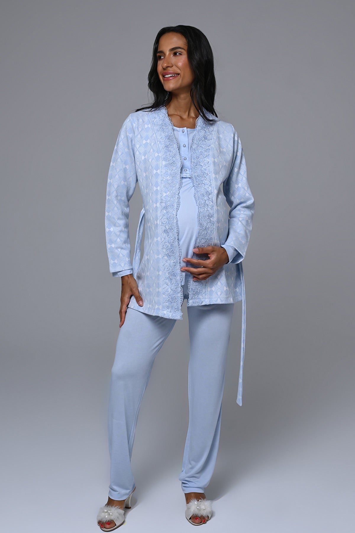 Dantelli Yaka Lohusa Pijama ve Sabahlık Takımı - 24359