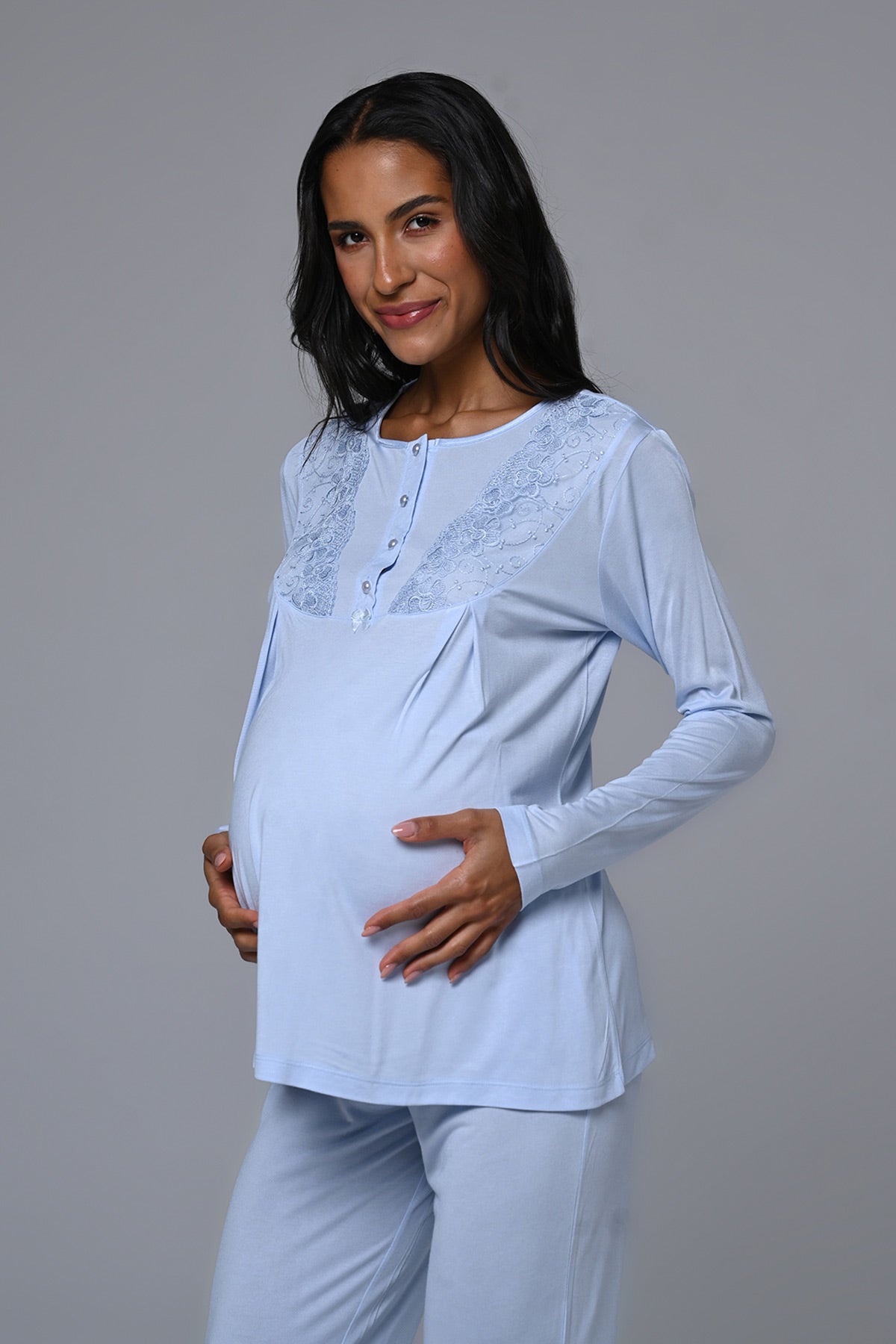 Dantelli Yaka Lohusa Pijama ve Sabahlık Takımı - 24359