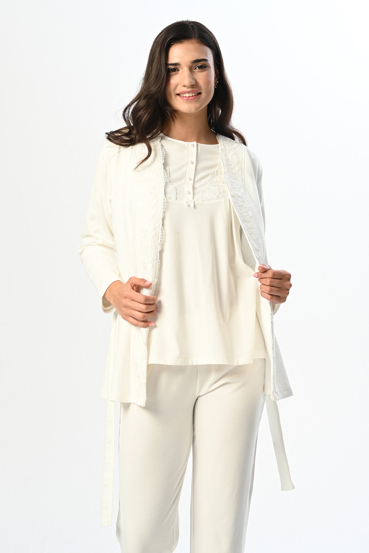 Dantelli Yaka Lohusa Pijama ve Sabahlık Takımı - 24359