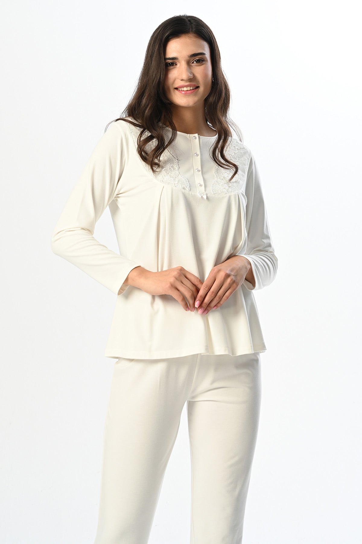 Dantelli Yaka Lohusa Pijama ve Sabahlık Takımı - 24359