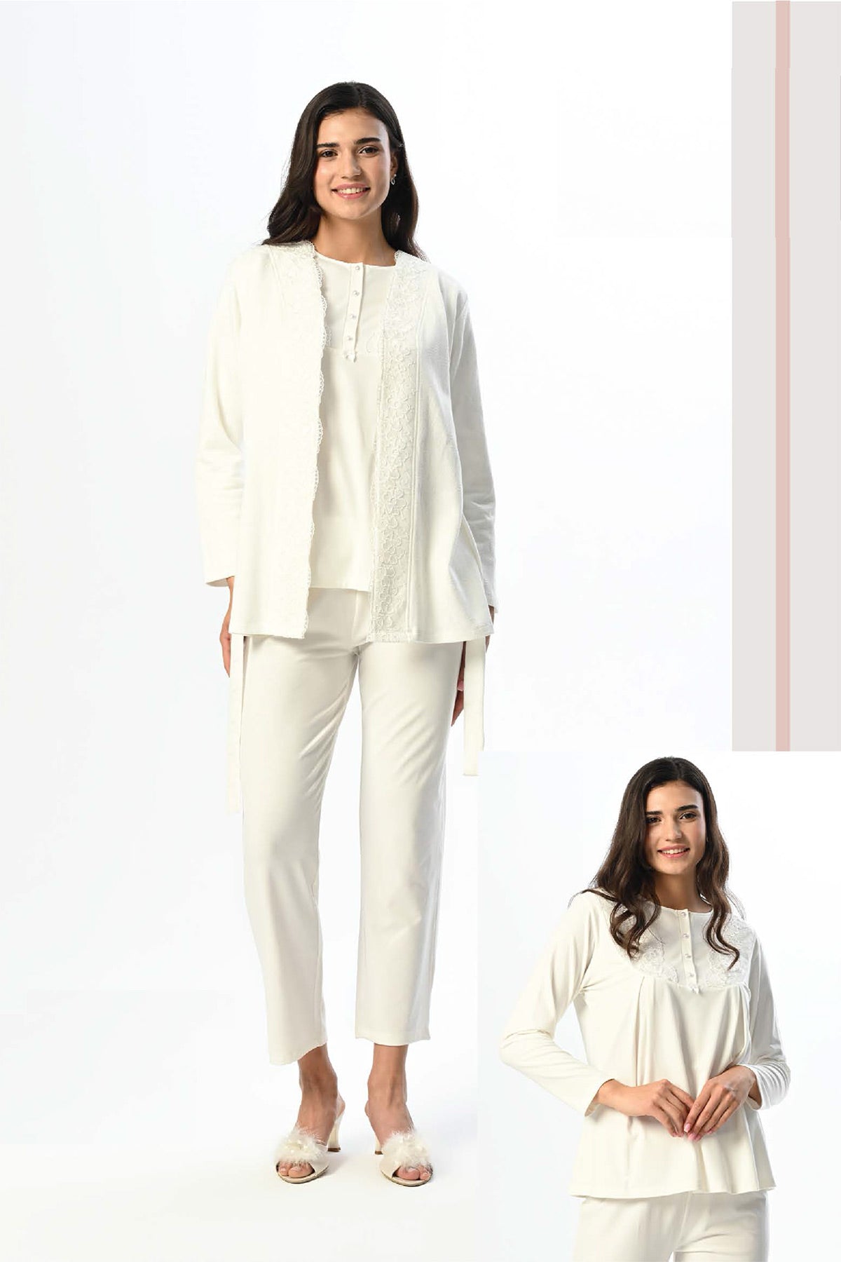 Dantelli Yaka Lohusa Pijama ve Sabahlık Takımı - 24359