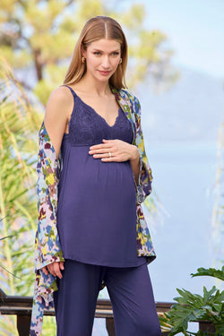 Image of Dantelli Yaka Askılı Lohusa Pijama ve Desenli Sabahlık Takımı - 25054