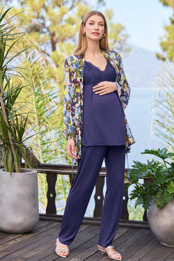 Image of Dantelli Yaka Askılı Lohusa Pijama ve Desenli Sabahlık Takımı - 25054