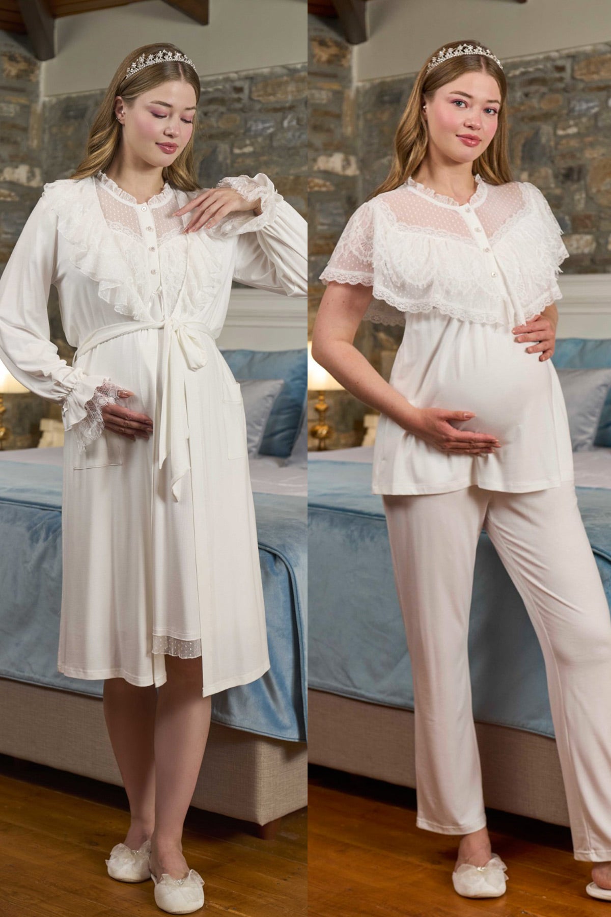 Dantel İşlemeli Lohusa Pijama ve Sabahlık Takımı - 303302