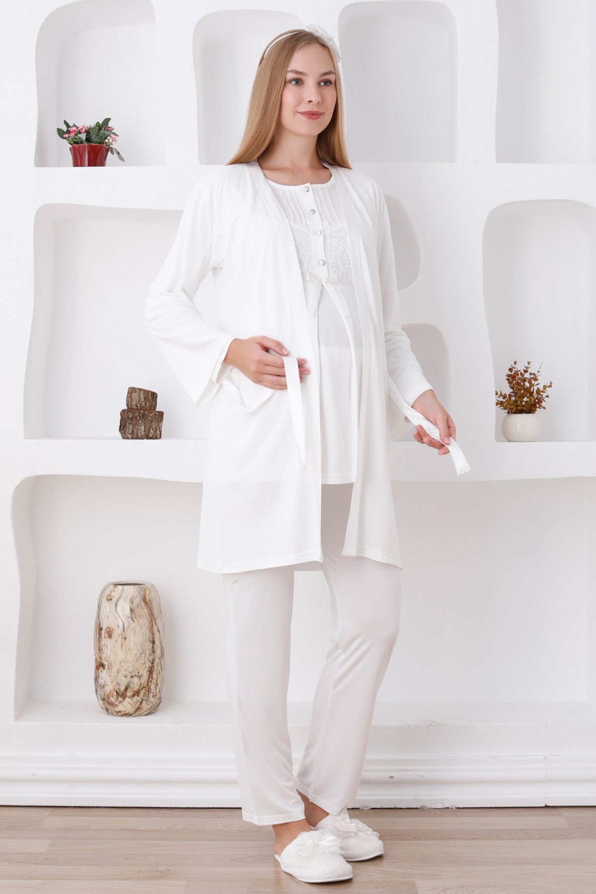 Dantelli Omuz Lohusa Pijama ve Sabahlık Takımı - 3423