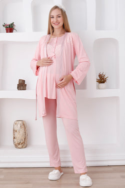 Image of Dantelli Omuz Lohusa Pijama ve Sabahlık Takımı - 3423