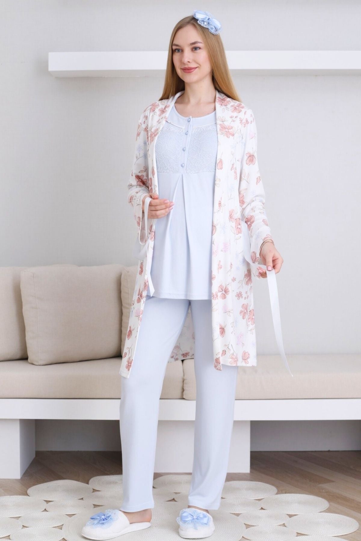 Dantelli Yaka Lohusa Pijama ve Desenli Sabahlık Takımı - 3436