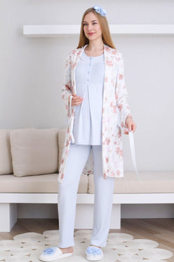 Image of Dantelli Yaka Lohusa Pijama ve Desenli Sabahlık Takımı - 3436