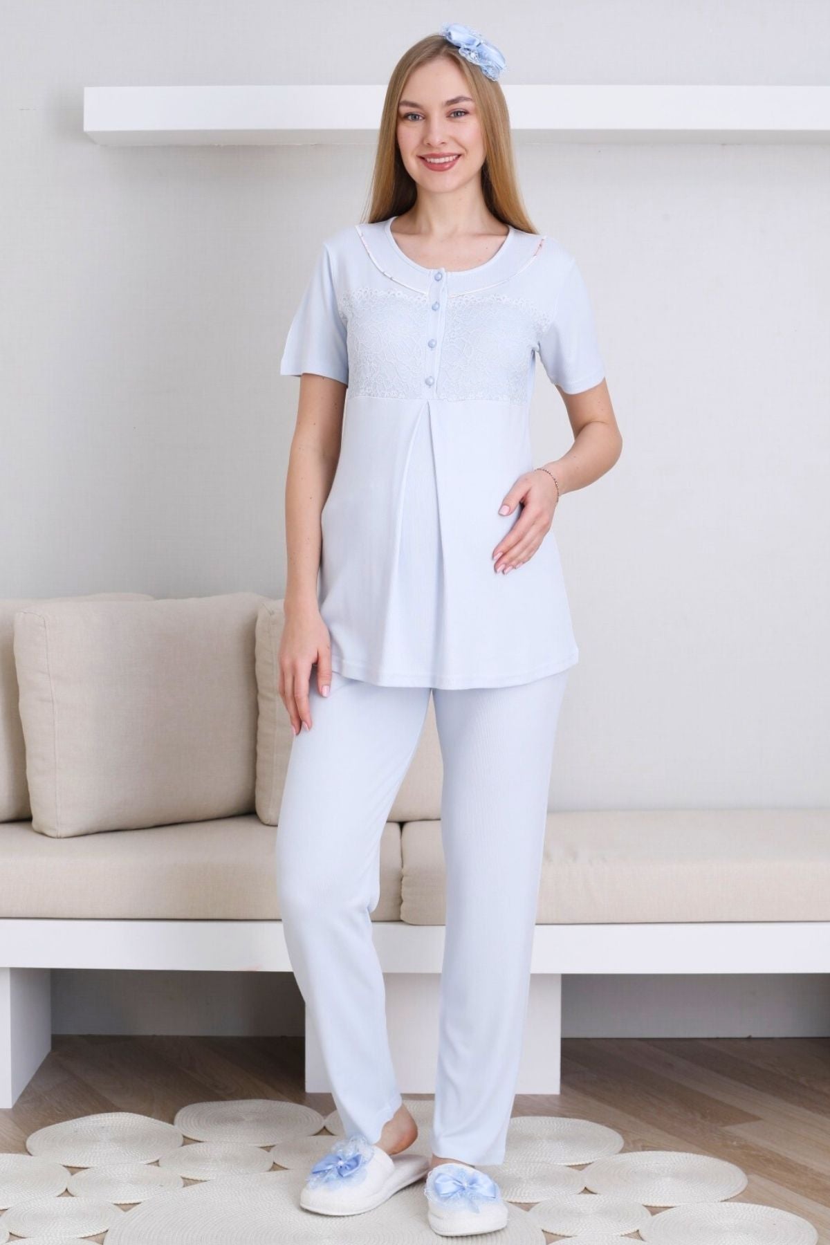 Dantelli Yaka Lohusa Pijama ve Desenli Sabahlık Takımı - 3436