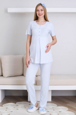 Image of Dantelli Yaka Lohusa Pijama ve Desenli Sabahlık Takımı - 3436